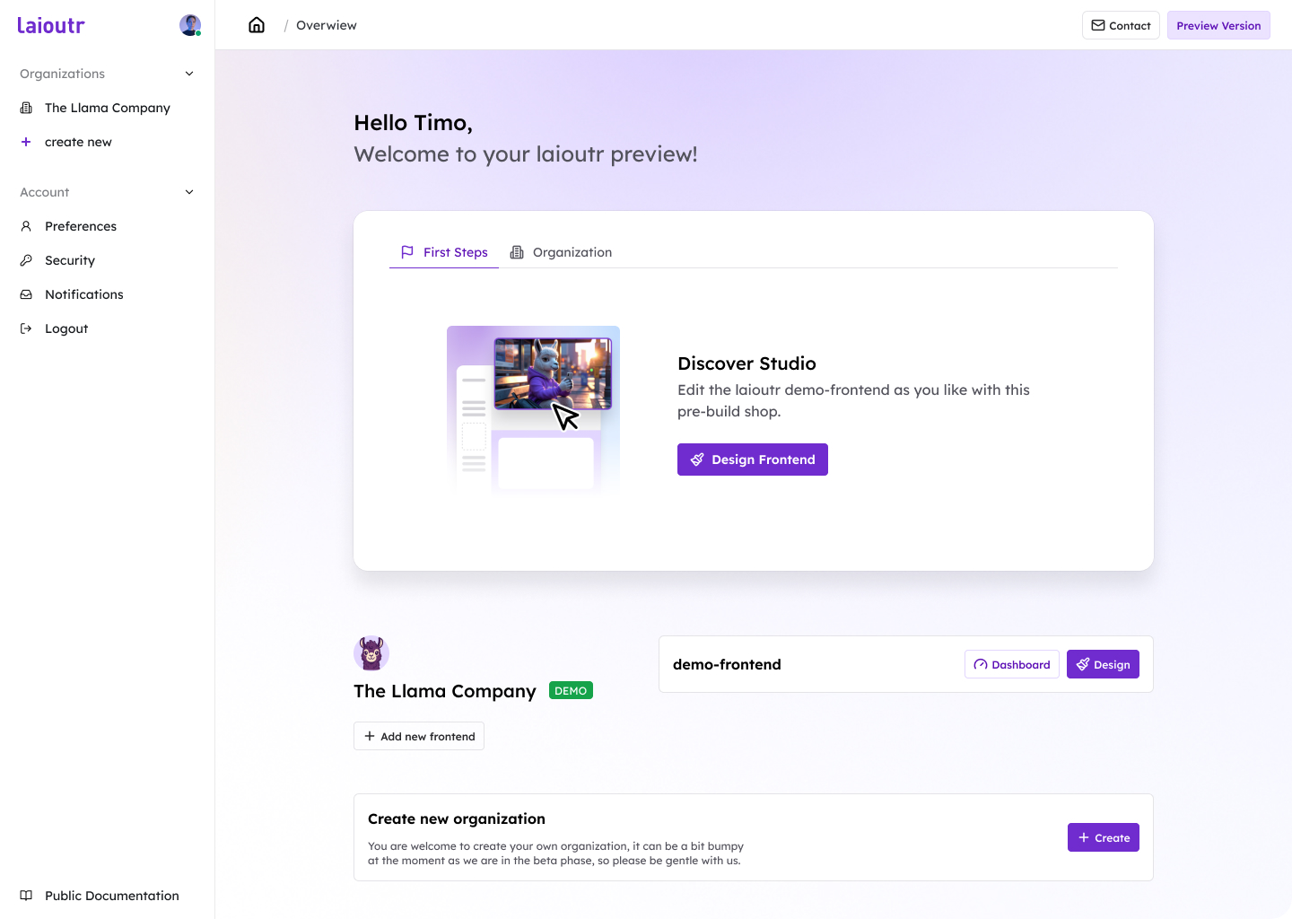 Laioutr Cockpit overview with onboarding steps for a new organization