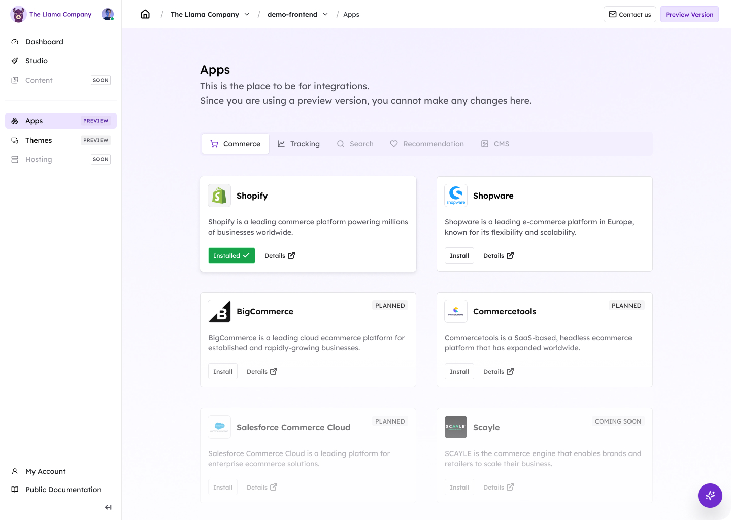 Laioutr Cockpit apps overview with commerce integrations