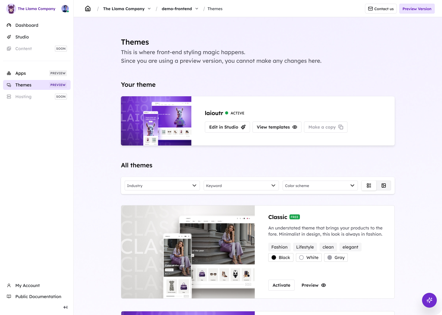 Laioutr Cockpit themes overview for a storefront